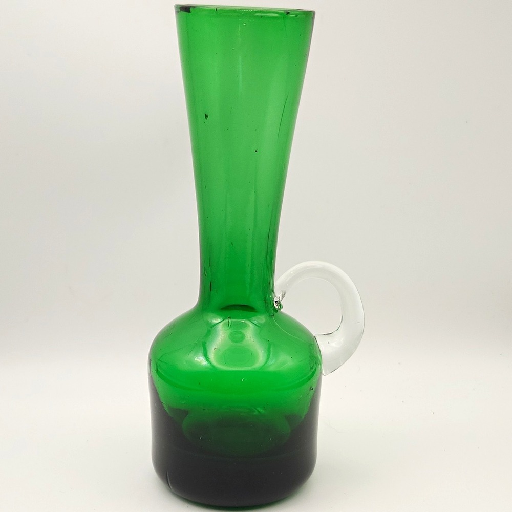 Vintage MCM Empoli Style green glass vase with clear glass applied handle - Picture 1 of 7